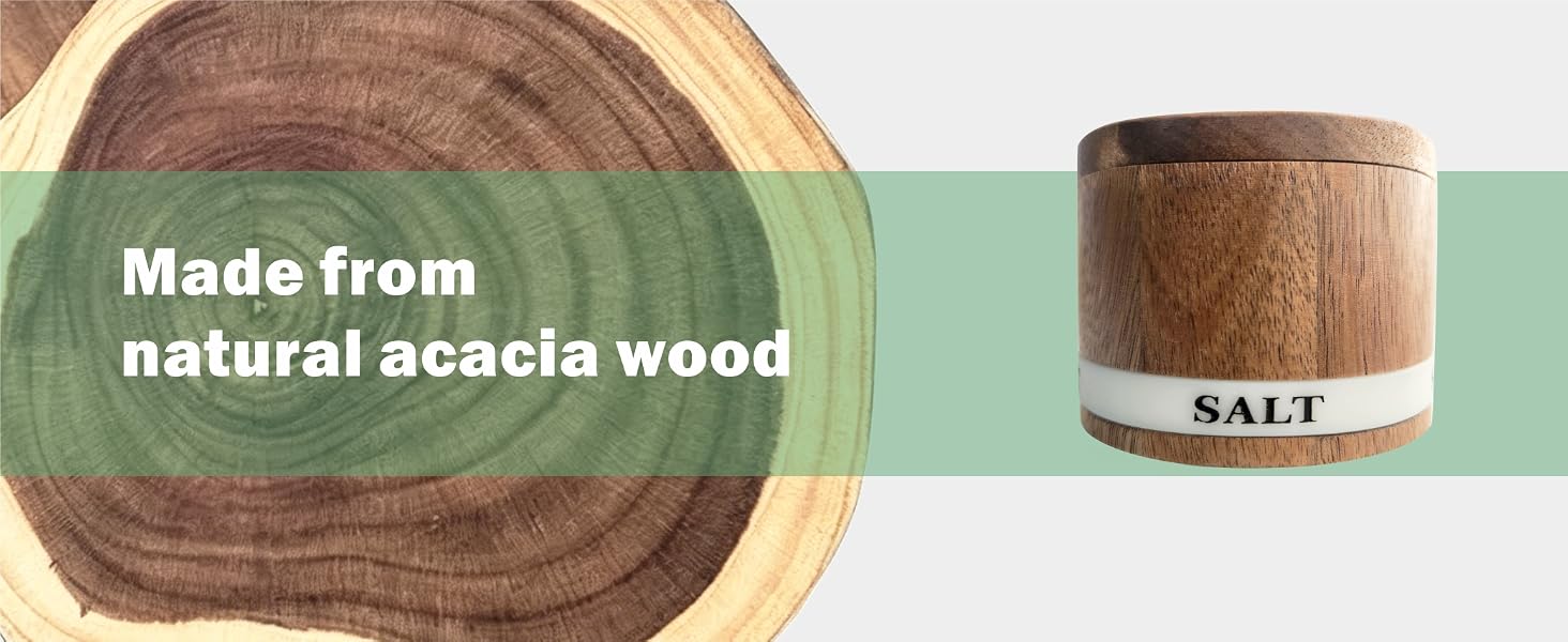 ThougrLyh Acacia Wood Salt Cellar with Swivel Lid and Built-in Spoon for Countertop Spice Storage