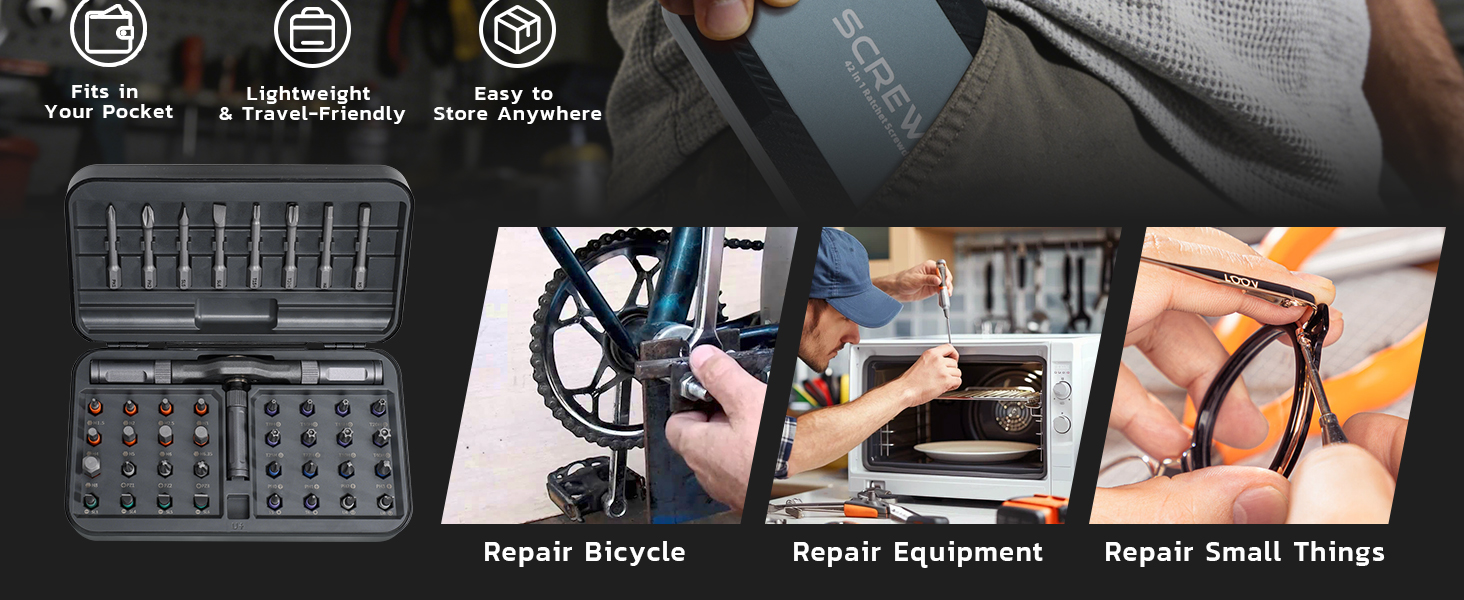 Portable kit handles bicycle, appliance, and small-item repairs.