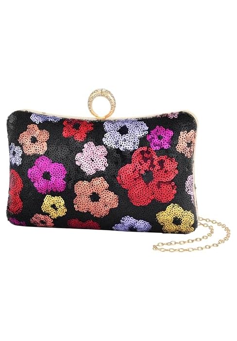 Sequin Clutch Bag for Women, Blue Floral Embroidered Evening Purse with Wooden Base, Top Handle &...