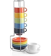 SWEEJAR Porcelain Espresso Cup & Saucer Set, Stackable Demitasse Cups with Metal Stand, 2.5 OZ fo...
