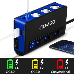 Black and blue USB charging hub with multiple ports, featuring QC3.0, QC2.0, and conventional charging capabilities, with LED display and multiple device connections.