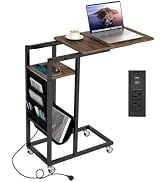 Giantex C Shaped End Table with Charging Station, 27’’H Slide Under Couch Side Table w/Wheels, Ou...