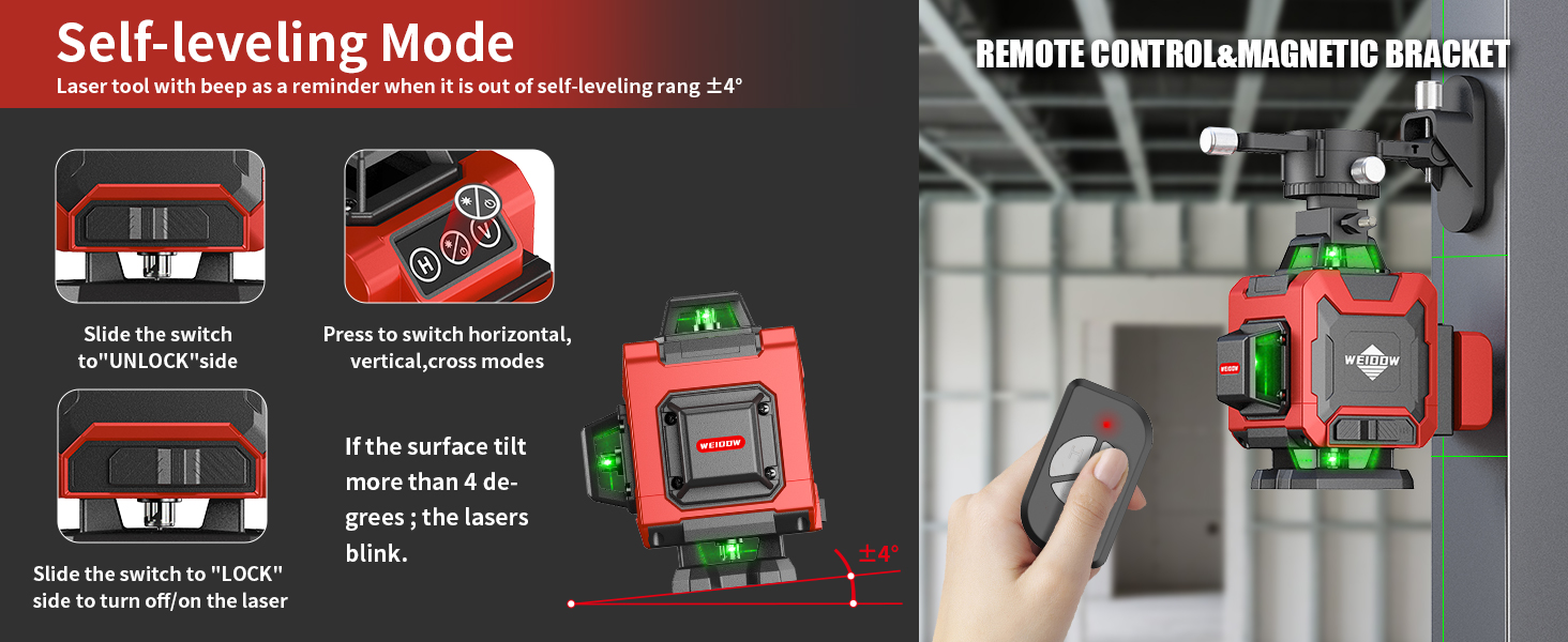 Rotation, remote control, 360° laser, automatic leveling