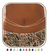 TOSGMY Birthstone Waist Chain for Women 14K Gold Plated Body Chain Adjustable Layered Belly Belt ...