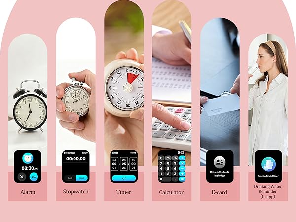 Pink background grid showcase with six product categories: Alarm, Stopwatch, Timer, Calculator, E-mail, and Music displayed with corresponding icons and example items including clocks, scales, and smartwatch interfaces.