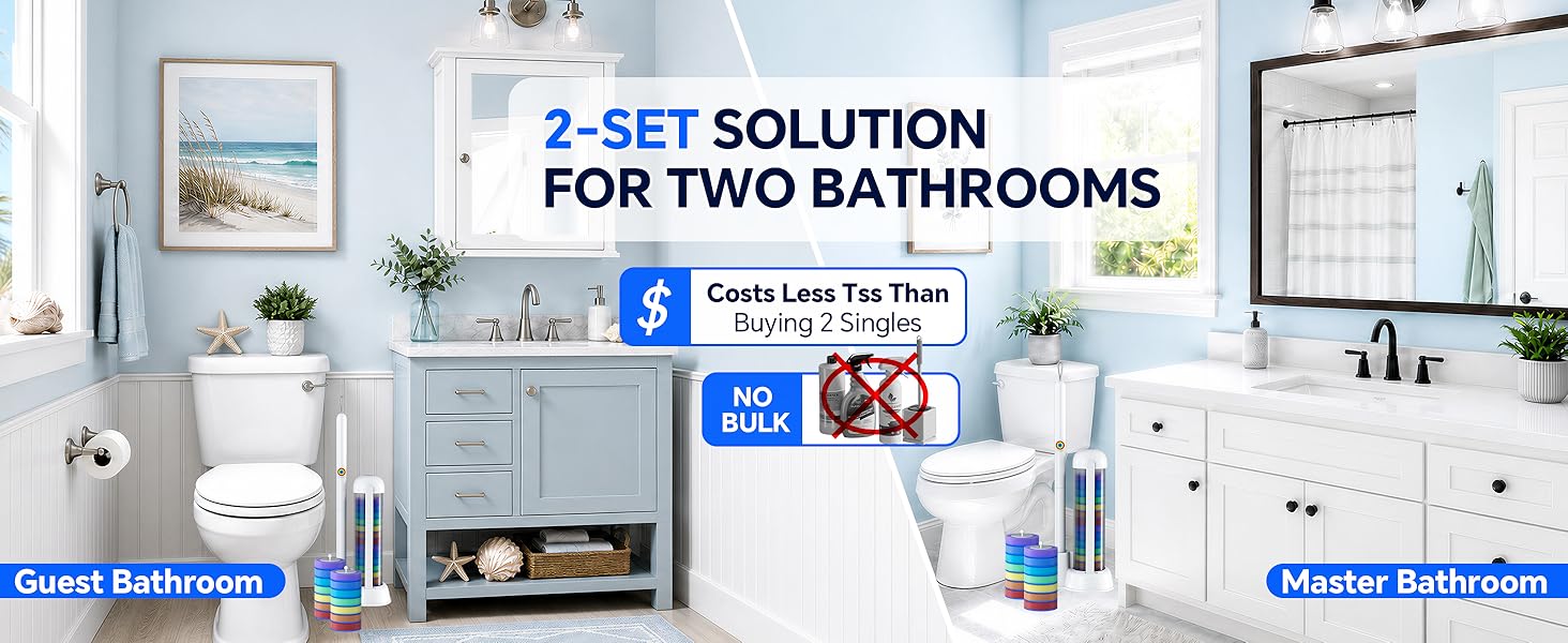 Value 2-pack toilet bowl scrubber kit for master and guest bath. Saves space with no extra bottles.