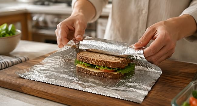 Pre-cut embossed aluminum foil sheet being used to wrap a sandwich.