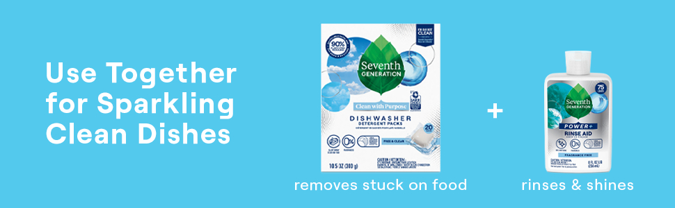 Use together for sparkling clean dishes. Dish pack box and rinse aid bottle on a sky blue background