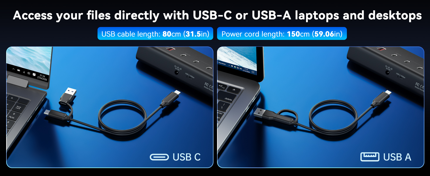 Text reads 'Access your files directly with USB-C or USB-A laptops and desktops', 'USB-C', 'USB A'. Two USB cables displayed: one USB-C connector variant and one USB-A connector variant shown in blue packaging.