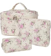 Makeup Bag, Quilted Makeup Bag,Large Floral Cosmetic Bag for Women,Cotton Makeup Bag Set,Flower T...