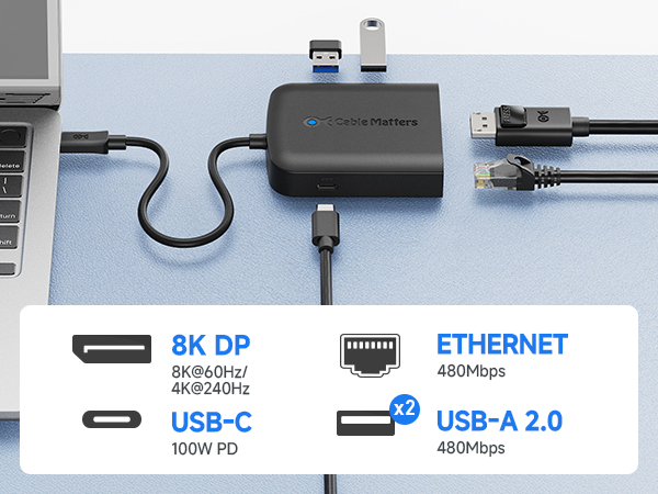 USB C Multiport Adapter (USB C Hub with DisplayPort 8K), 2X USB 2.0, Fast Ethernet, and 60W