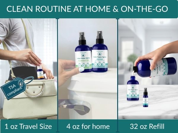 Woman placing Pristine toilet paper spray in purse. Two bottles of Pristine on toilet back. Refill