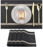 SLKQG Black Placemats Set of 4 - Easy Clean Modern Durable Washable Vinyl Place Mats - Heat Resis...