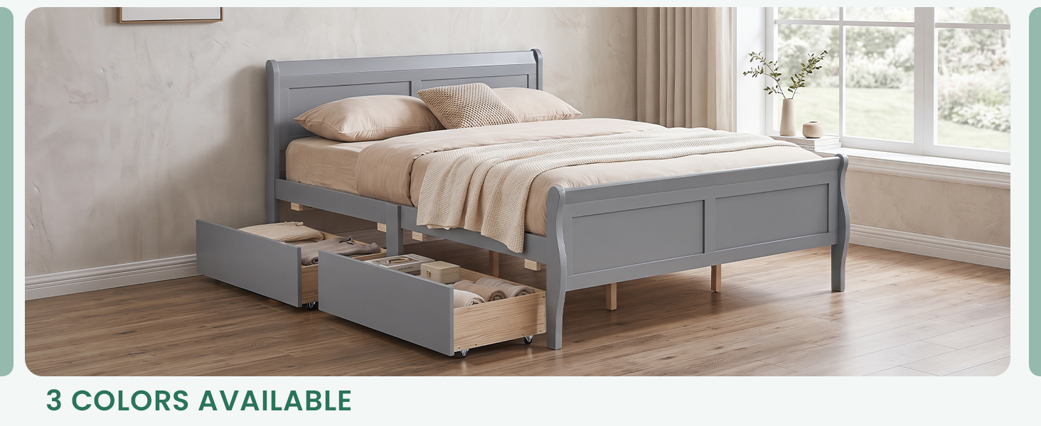Wooden Full Bed Frame with Drawers