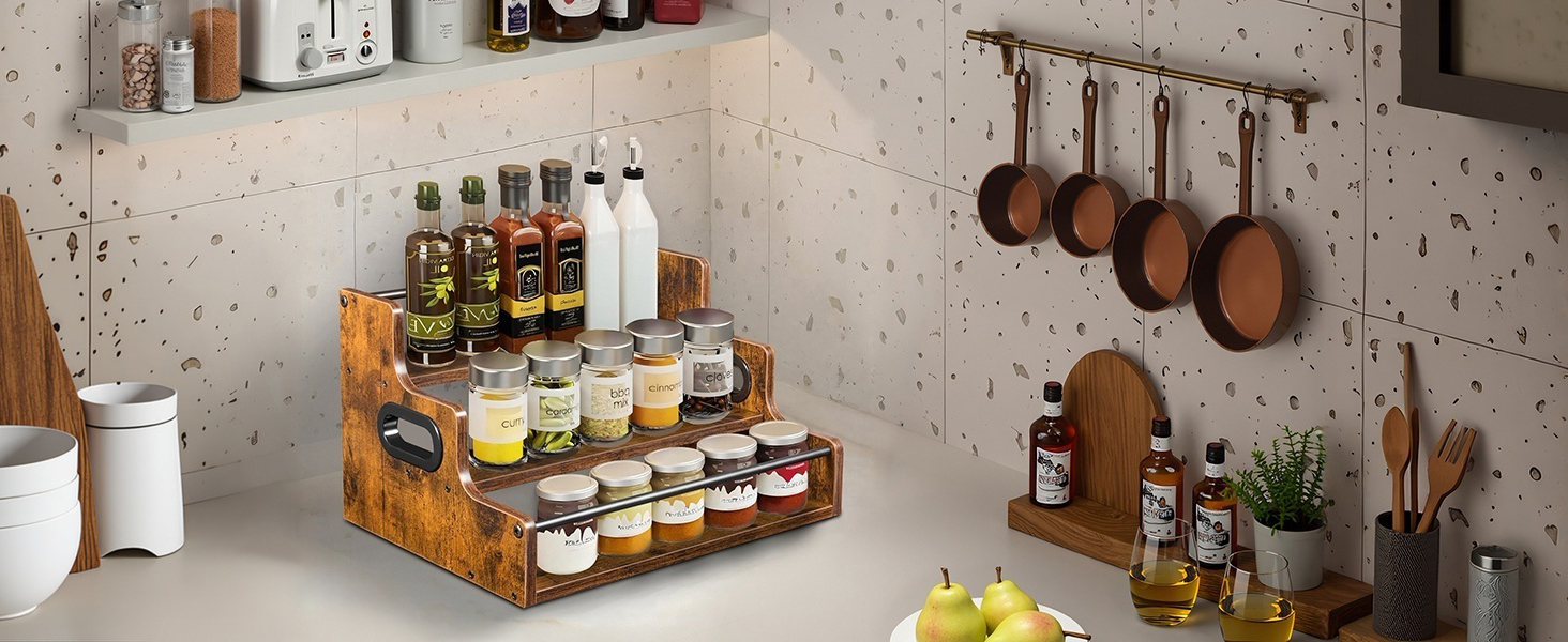 Kitchen spice rack organizer, rustic 3-tier seasoning bottle holder for countertop storage.