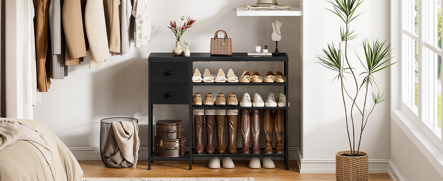 5-Tier Shoe Rack with 2 Fabric Drawers, Metal Frame and Wooden Board Shoe Organizer for 16-20 Pairs