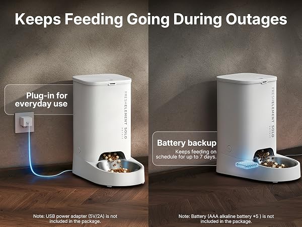 Text reads: 'Keeps Feeding Going During Outages', 'Plug-in for everyday use', 'Battery backup'. Automatic pet feeder shown in two views: left model with power cord connection, right model with battery backup. Both white cylindrical devices with food bowls containing pet food.