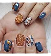 LBPEPAMZ Fall Press on Nails Short Square - Autumn Blue Maple Leaf, Thanksgiving Yellow Glitter P...