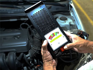 Car battery tester is easy to operate and features a clear-view meter to display results.