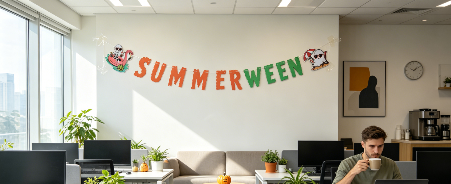 Summerween banner on office wall, ghost and melon face.