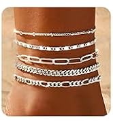 Gokeey Ankle Bracelets for Women, 14k Gold Jewelry Set Waterproof Layered Cuban Figaro Link Chain...