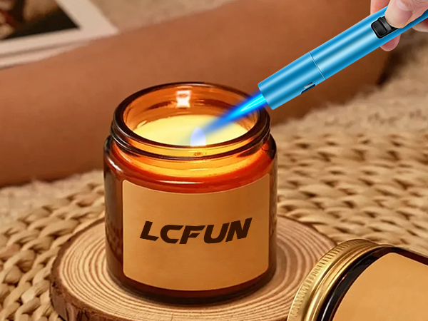 Small amber glass jar labeled 'LCFUN' with a blue pen-like device applying light to the contents, placed on a textured surface.