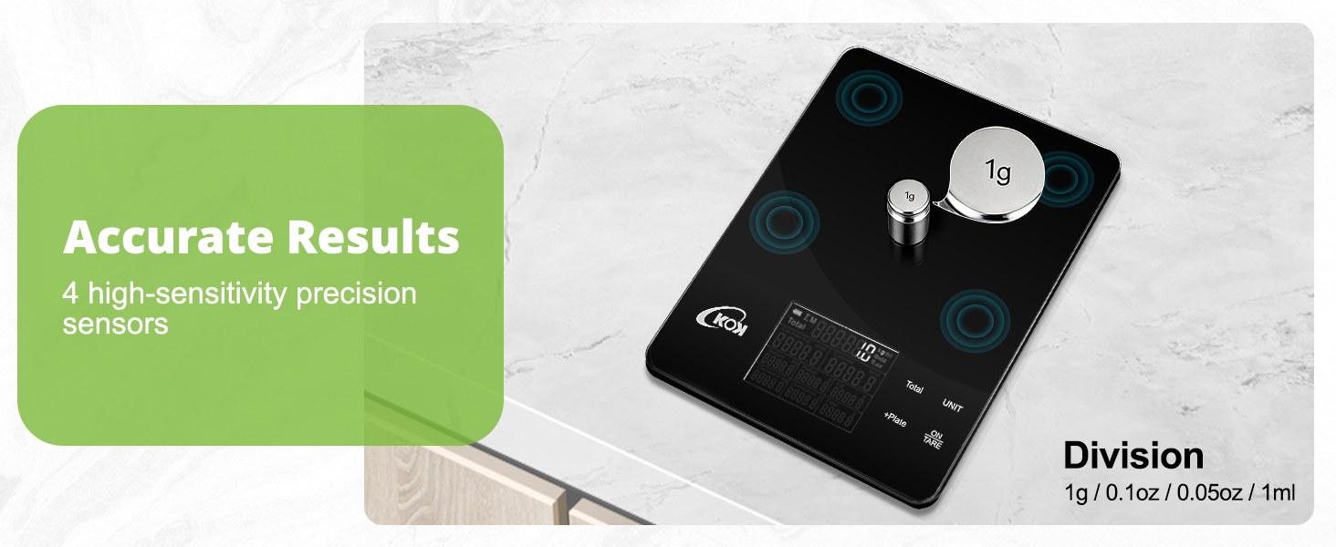 food scale grams and ounces: 1g/0.10z/0.050z/1ml. 4 high-sensitivity precision sensors