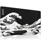 Japanese Wave Desk Mat Set, Keyboard and Mouse Pad with Wrist Rest | 3-Piece Black and White Gami...