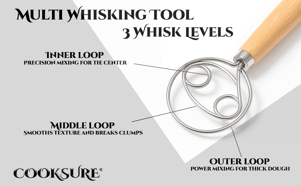 Handheld dough whisk tool designed to blend flour and water quickly with less sticking than a spoon