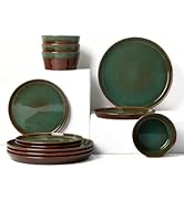 Pokini Plates and Bowls Sets for 4, Ceramic Dinnerware Sets, Kitchen Dish Set, Microwave & Dishwa...