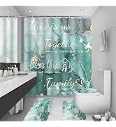 juwute 4Pcs Family Marble Shower Curtain Sets with Rugs,Green Home Inspirational Bathroom Decor S...