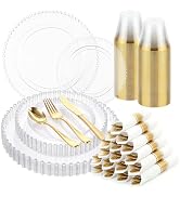 cheerserve 175pcs Plastic Dinnerware Set,Clear Fancy Beaded Plastic Plates for 25 Guests Include ...