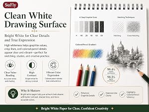 Bright white sketch paper showing graphite values, line work and colored pencil details.