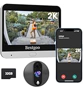 Security camera system display showing 2K resolution monitor, smartphone app interface, and round camera unit with 32GB storage capacity.