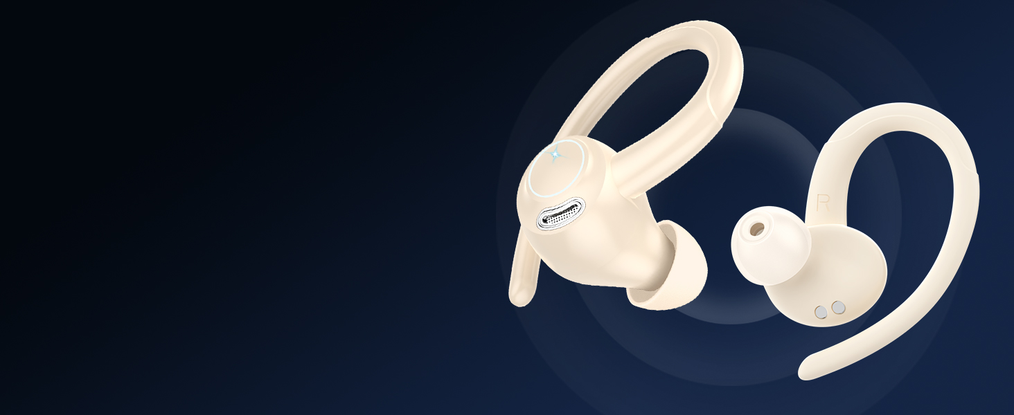 Wireless earbuds with over-ear hooks in white color, displayed against a dark background. Designed for secure fit during activity.