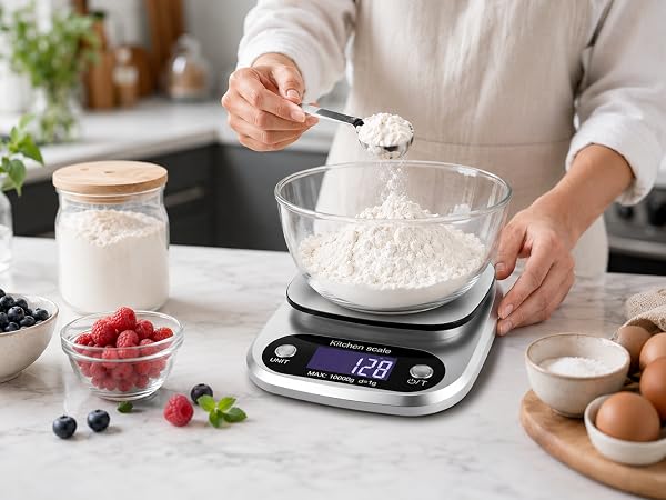 Digital kitchen scale used for accurate ingredient weighing in a modern home kitchen.