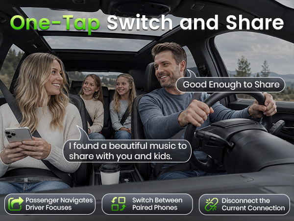 Wireless CarPlay adapter lets passengers share music while the driver stays focused.