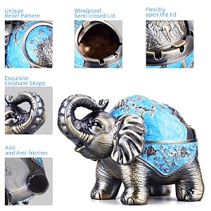 Elephant Windproof Décor Ashtray with Lid for Cigarette Metal Weed Indoor Outdoor Ash Holder Smoker
