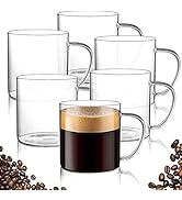 ZOOFOX Set of 6 Glass Coffee Mugs, 14 oz Large Wide Mouth Drinking Glasses with Comfortable Handl...