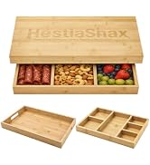 HestiaSnax 2-Pack Bamboo Snack Box Tray with Lid, Stackable Divided Serving Tray with Handle for ...