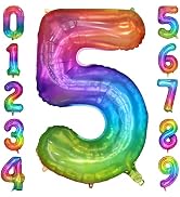 PatiCool 40 Inch Rainbow Number Balloon 5, Large Number Foil Balloons Mylar for Girl Boy Birthday...