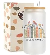 Mikopei Social Worker Gifts for Women - Aesthetic Glass Cup with Lid and Straw, Social Work Month...