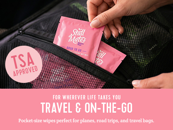 Stall Mates, Individually wrapped wet wipes for on-the-go. Ready for Travel and TSA approved