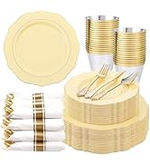 Liacere 350PCS Yellow Plates - Yellow Disposable Plastic Plates With Gold Rim-50Guest Plastic Din...