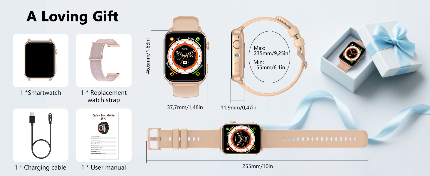Package list introduction: Watch, double watch straps, charging cable and instruction manual.