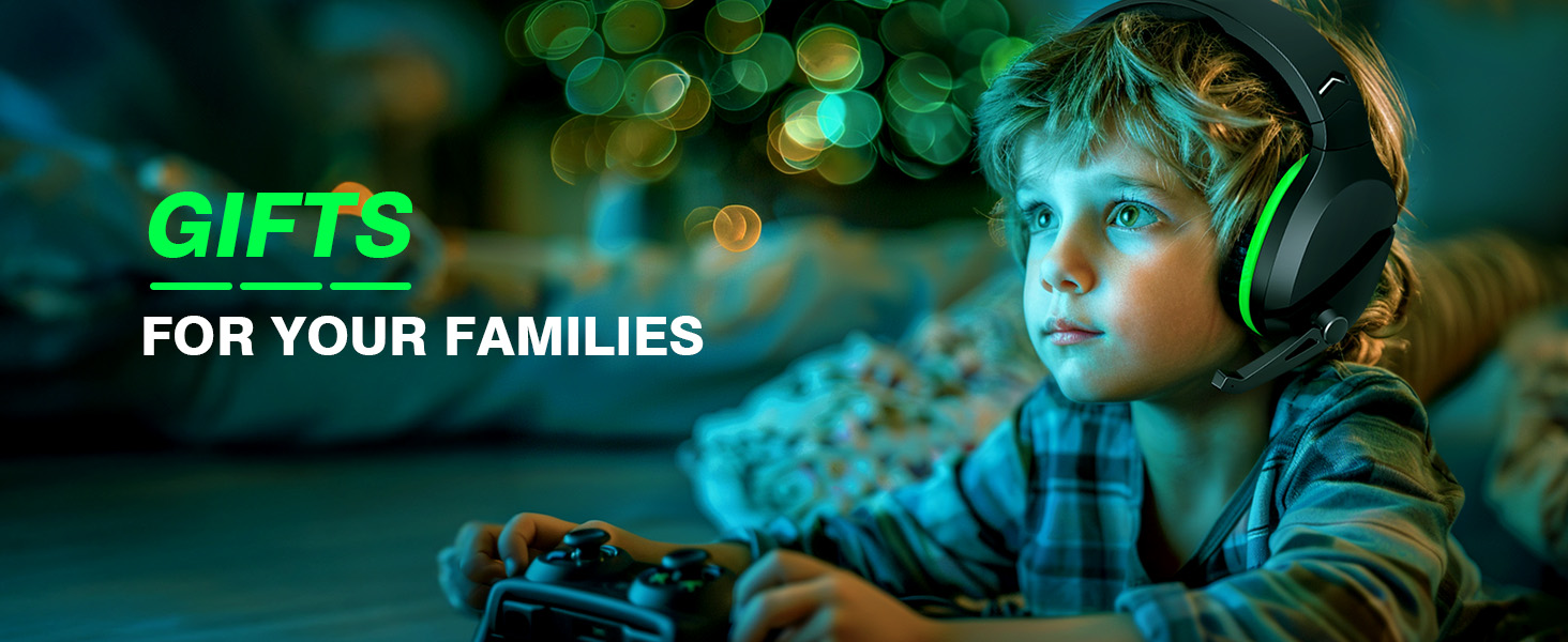 Gaming-themed gift advertisement showing illuminated text 'GIFTS FOR YOUR FAMILIES' with green gaming headphones in use against bokeh background.