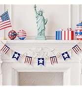 Patriotic Felt Beaded Bunting Garland with Wooden Beads, Red White Blue American Flag Stars and S...