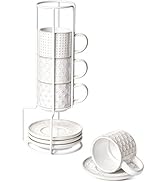 LE TAUCI Stackable Espresso Cups 4 oz with Saucers and Stand, Ceramic Embossment Coffee Cup for D...