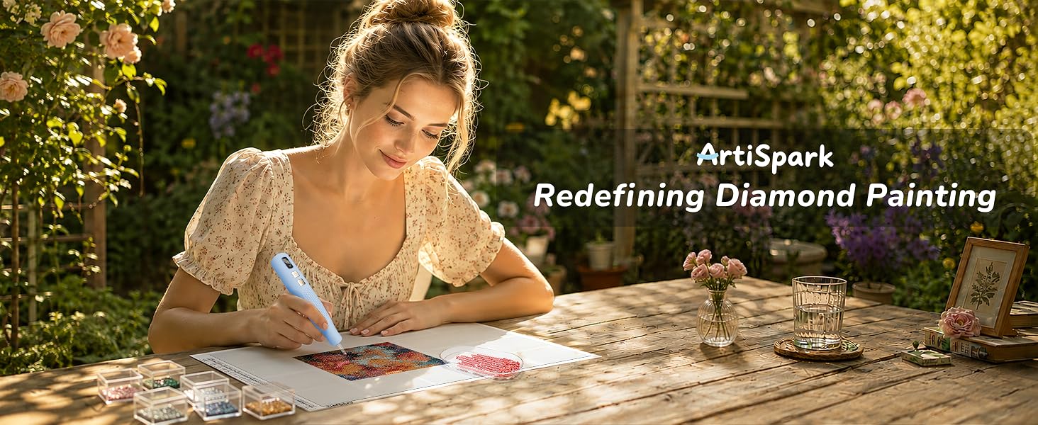 A female model holds an ergonomic diamond painting pen and creates art with ease and joy.