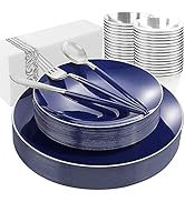 KIRE 175Pcs Blue Plastic Plates with Silver Rim & Disposable Silverware with Blue Handle & Silver...